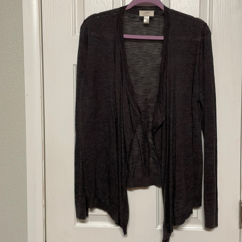Dark taupe/brown colored open asymmetrical cardigan